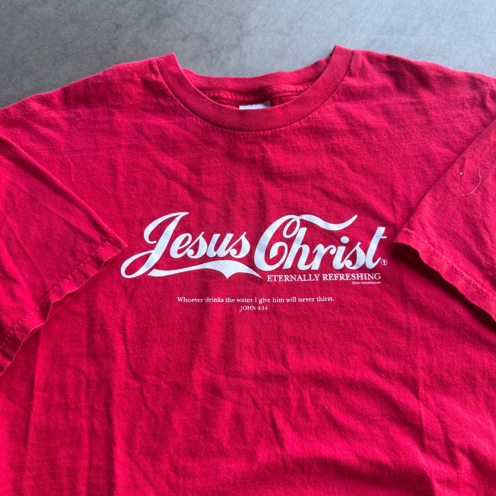 Vintage Tennessee River Jesus Christ Coca Cola Parody Red T-Shirt 2XL 2004